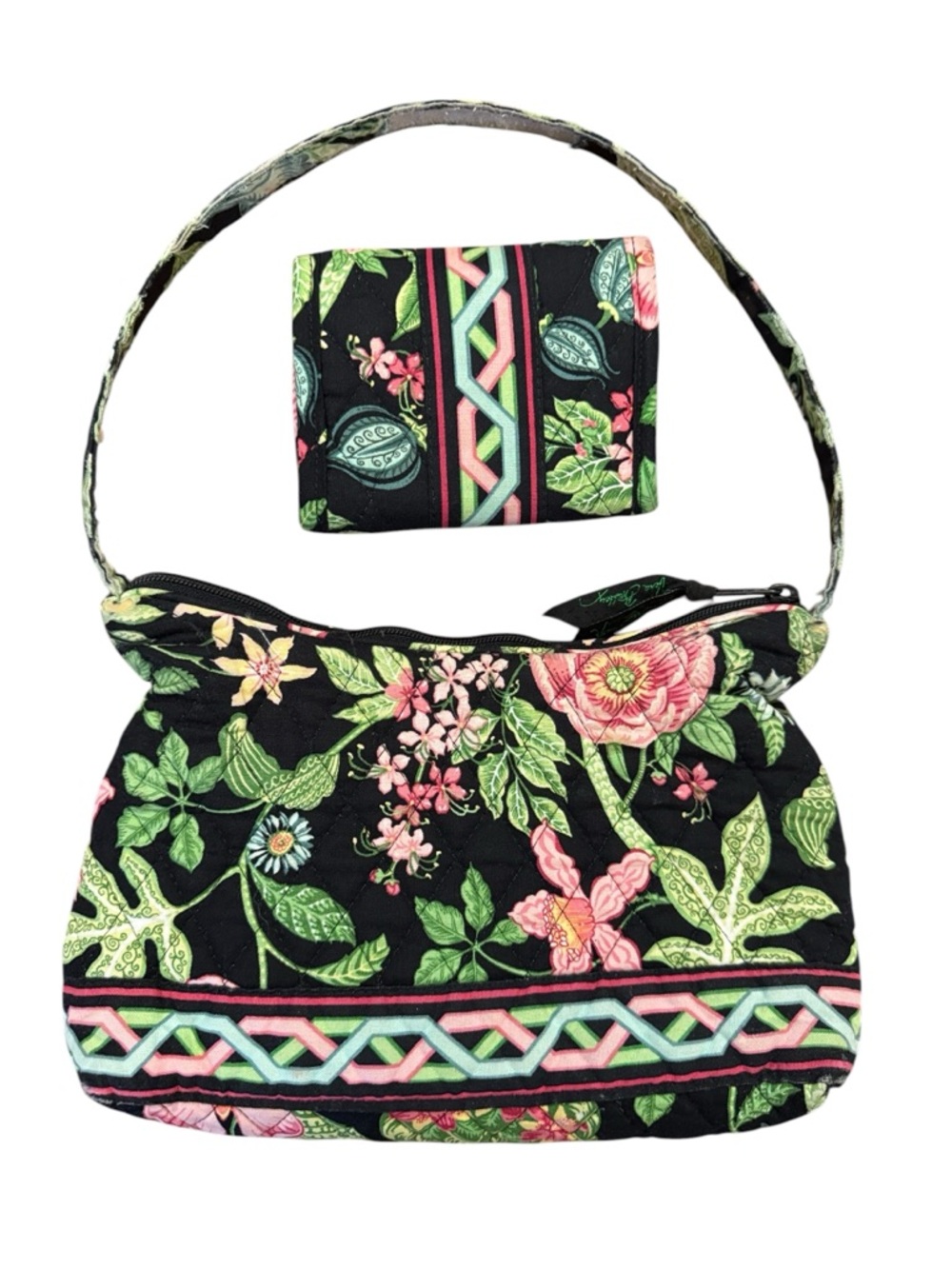 Vera Bradley Botanica Bag & Wallet Set Black Green Floral Quilted USA Retired - Picture 3 of 16